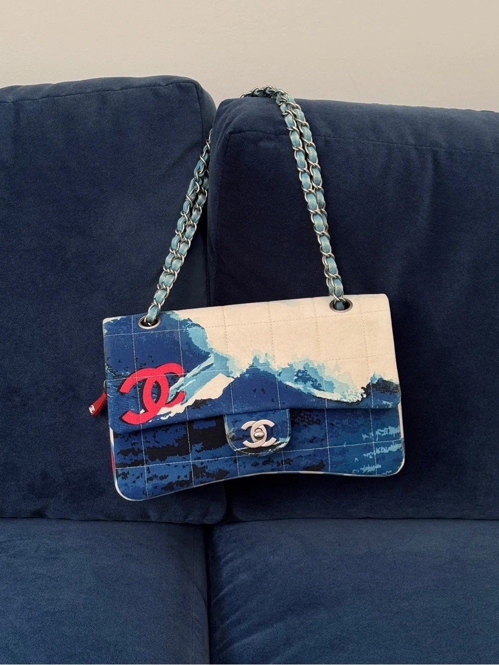 Rare Chanel 2002 Surf Line Choco Bar flap Blue Canvas Silver Hardware